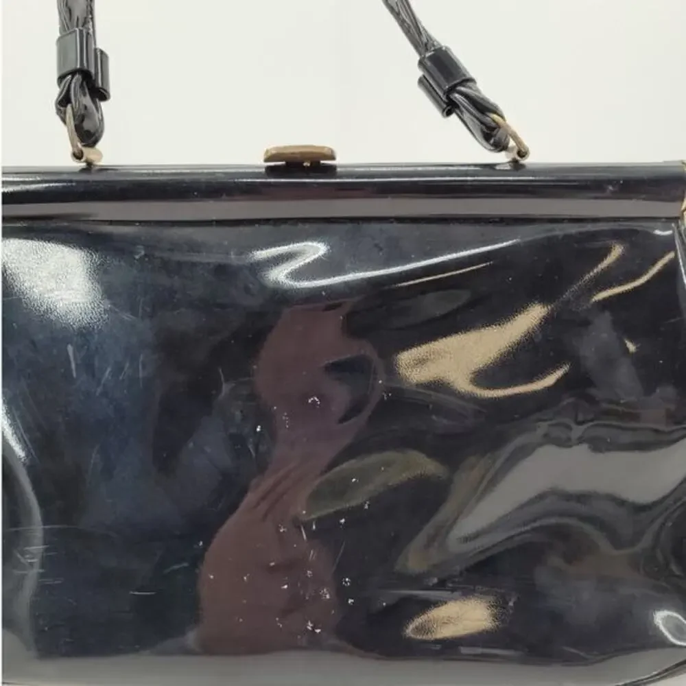 Vintage‎ 50s Patent Leather Vinyl Top Handle Clasp Frame Satchel Handbag Purse